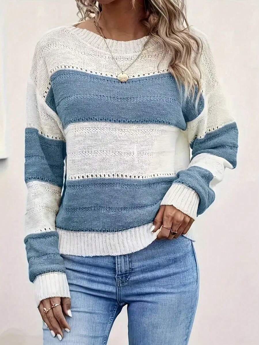 Kasia – Sweter w Paski z Otwartymi Splotami