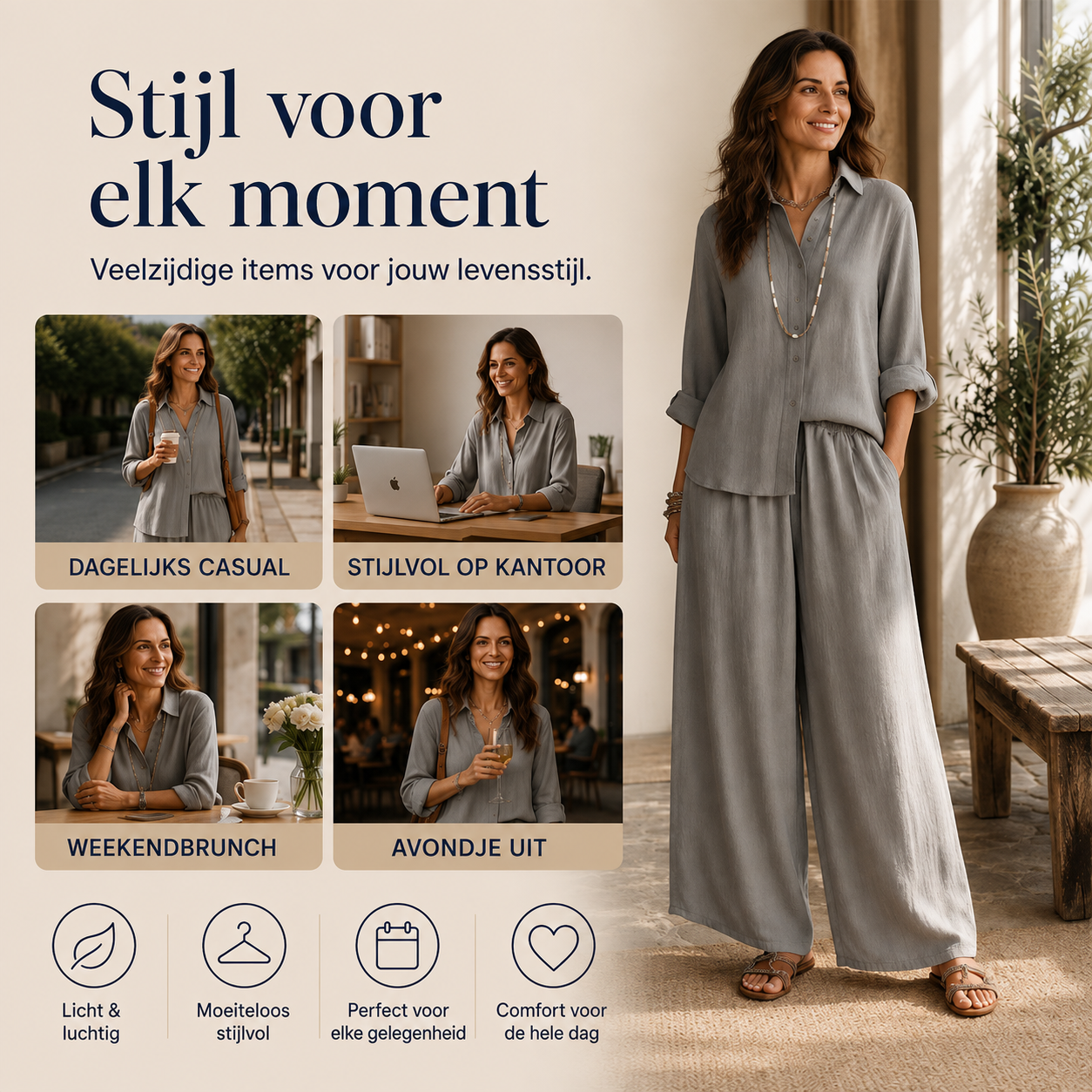 Isabelle – Blouse- en broekset met wijde pijpen