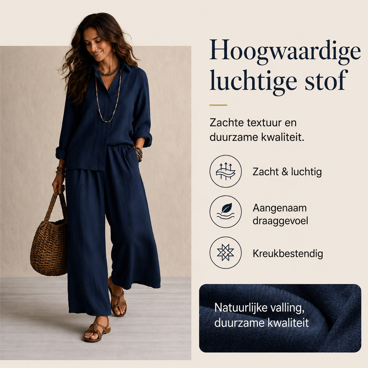Isabelle – Blouse- en broekset met wijde pijpen
