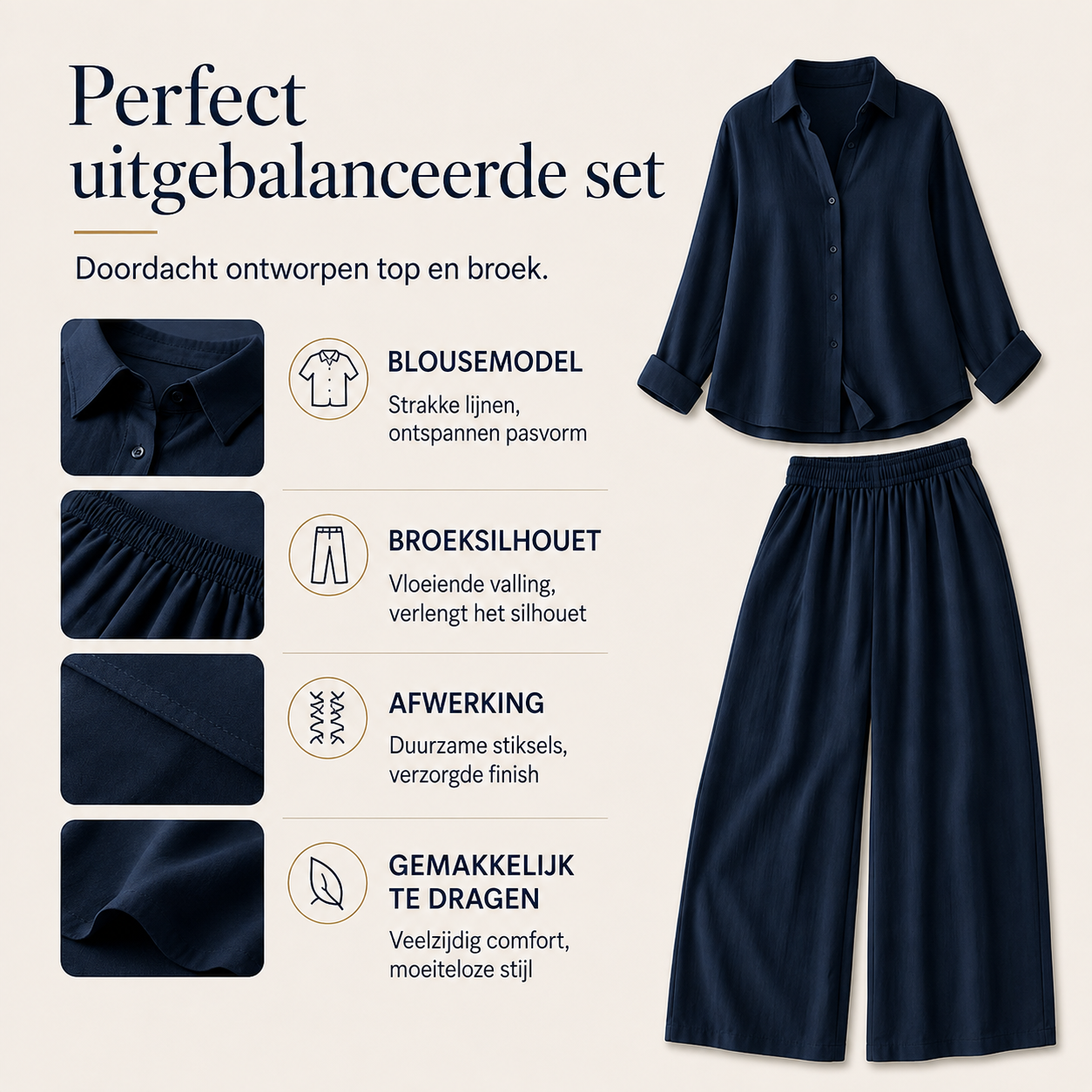 Isabelle – Blouse- en broekset met wijde pijpen