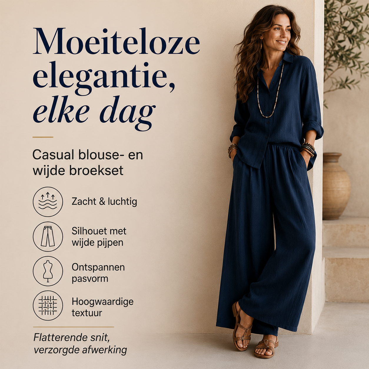Isabelle – Blouse- en broekset met wijde pijpen