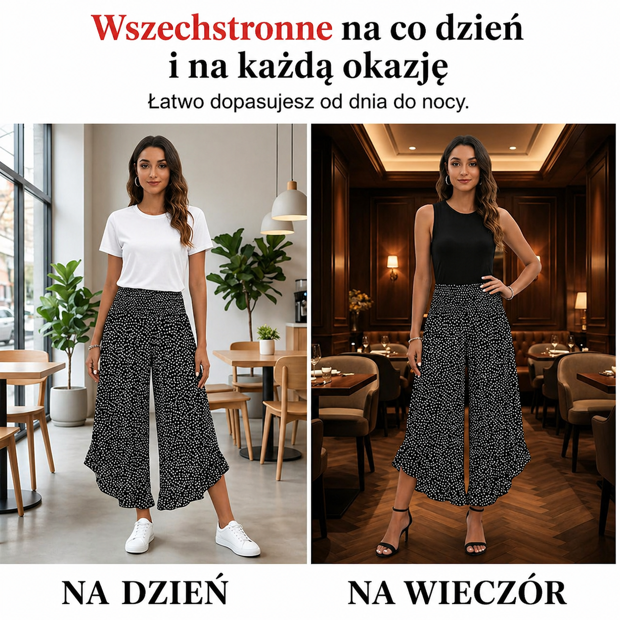 Gosia – Spodnie w kropki, szerokie nogawki