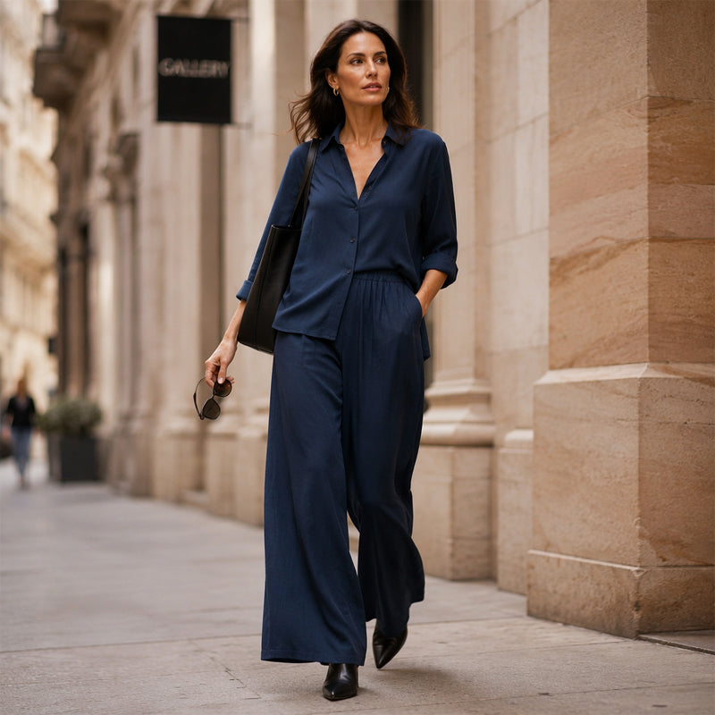 Isabelle – Blouse- en broekset met wijde pijpen
