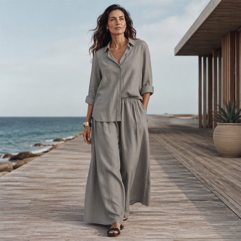Isabelle – Blouse- en broekset met wijde pijpen