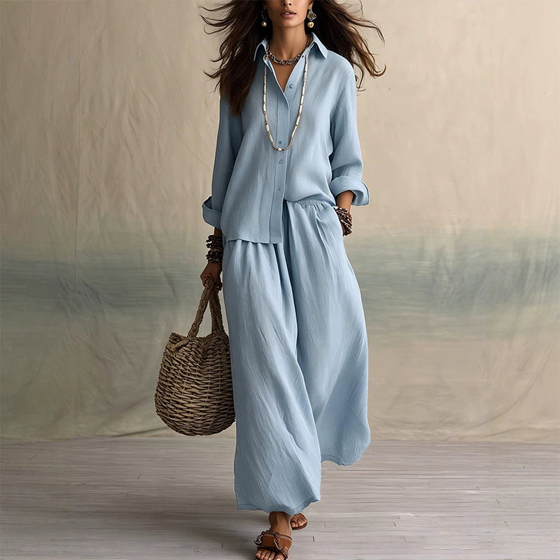 Isabelle – Blouse- en broekset met wijde pijpen