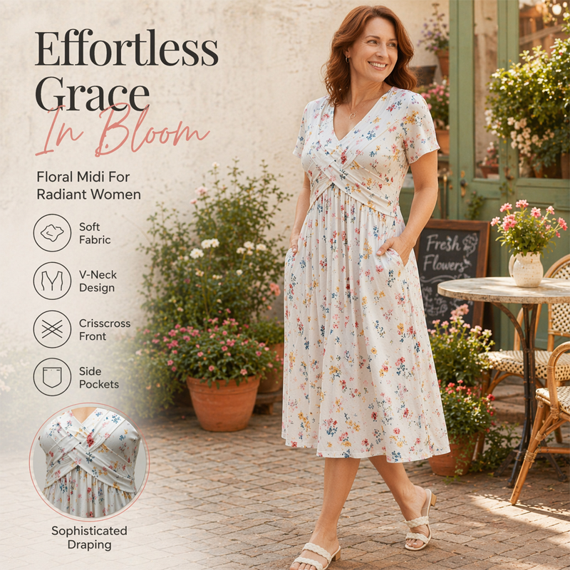 🌸 V-Neck Floral Midi Dress with a Flattering Twist Waist