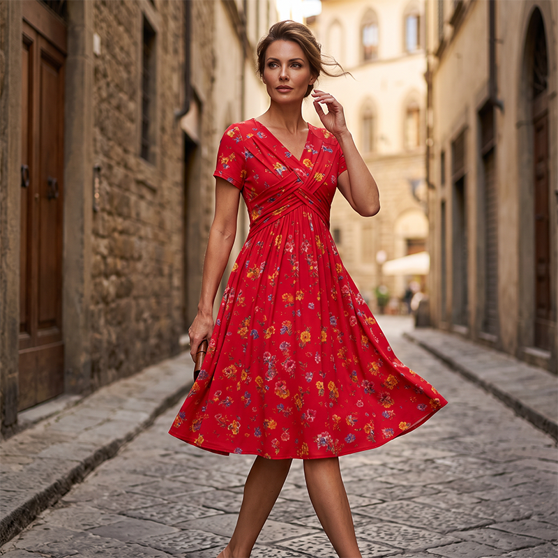 🌸 V-Neck Floral Midi Dress with a Flattering Twist Waist