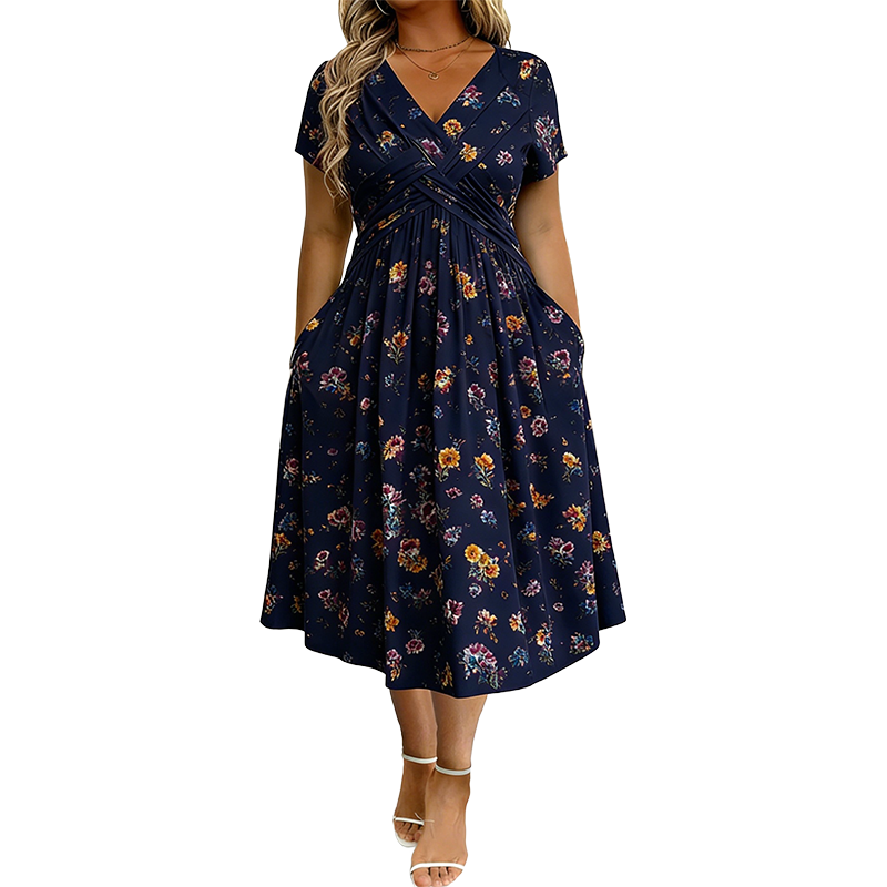 🌸 V-Neck Floral Midi Dress with a Flattering Twist Waist