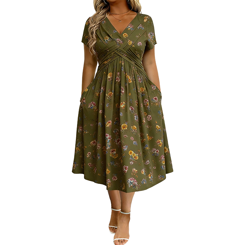 🌸 V-Neck Floral Midi Dress with a Flattering Twist Waist